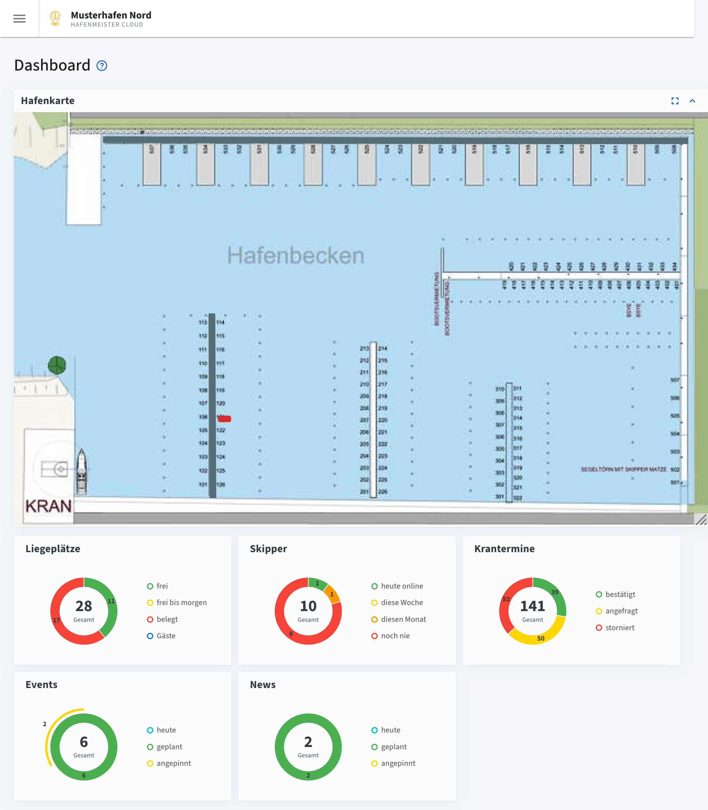 Interaktive Hafenkarte im Hafenmeister Cloud Dashboard mit Stegen, Liegeplätzen und Belegungsstatus in Echtzeit