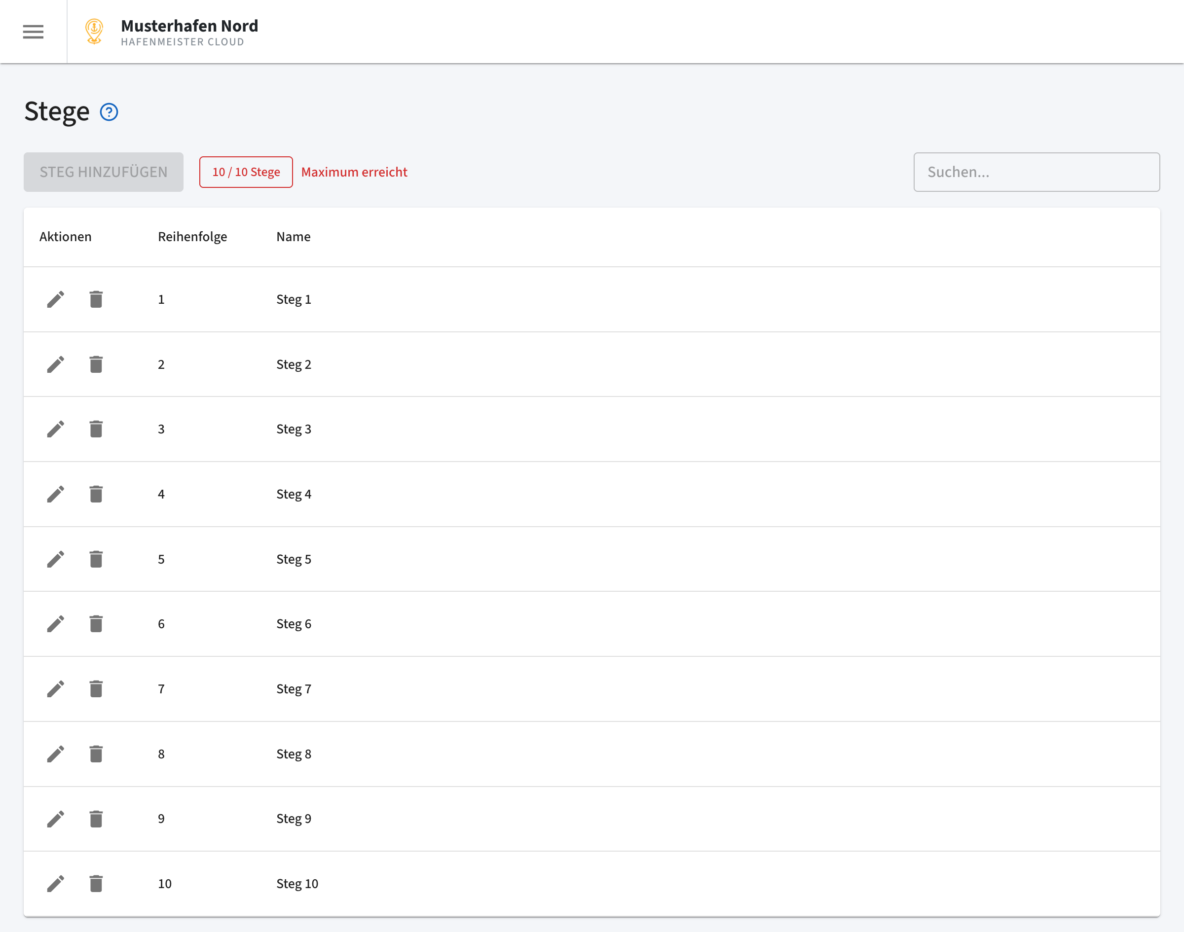 Stegverwaltung im Hafenmeister Cloud Dashboard – Übersicht aller Stege mit Reihenfolge und Name