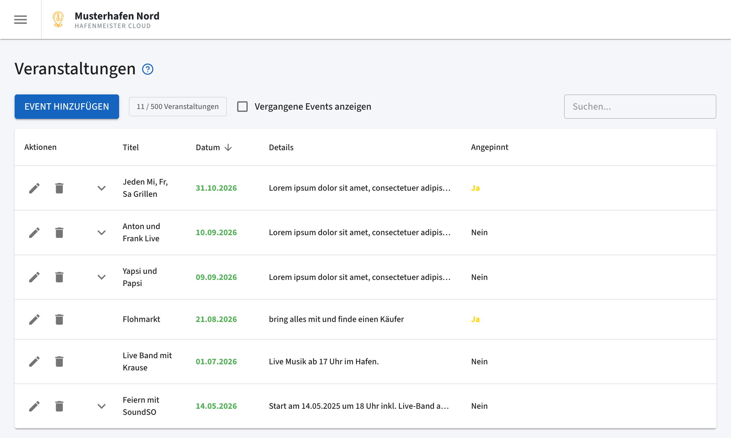 Veranstaltungen im Hafenmeister Cloud Dashboard – Events mit Datum, Details und Anpinn-Funktion